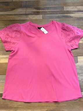 Lane Bryant Pink Ribbed Tee with Eyelet Puff Sleeves